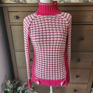 NILS Pink and White Ribbed Grid Turtleneck Sweater